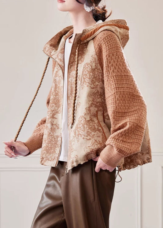 Caramel Hooded Drawstring Knit Patchwork Coat Fall