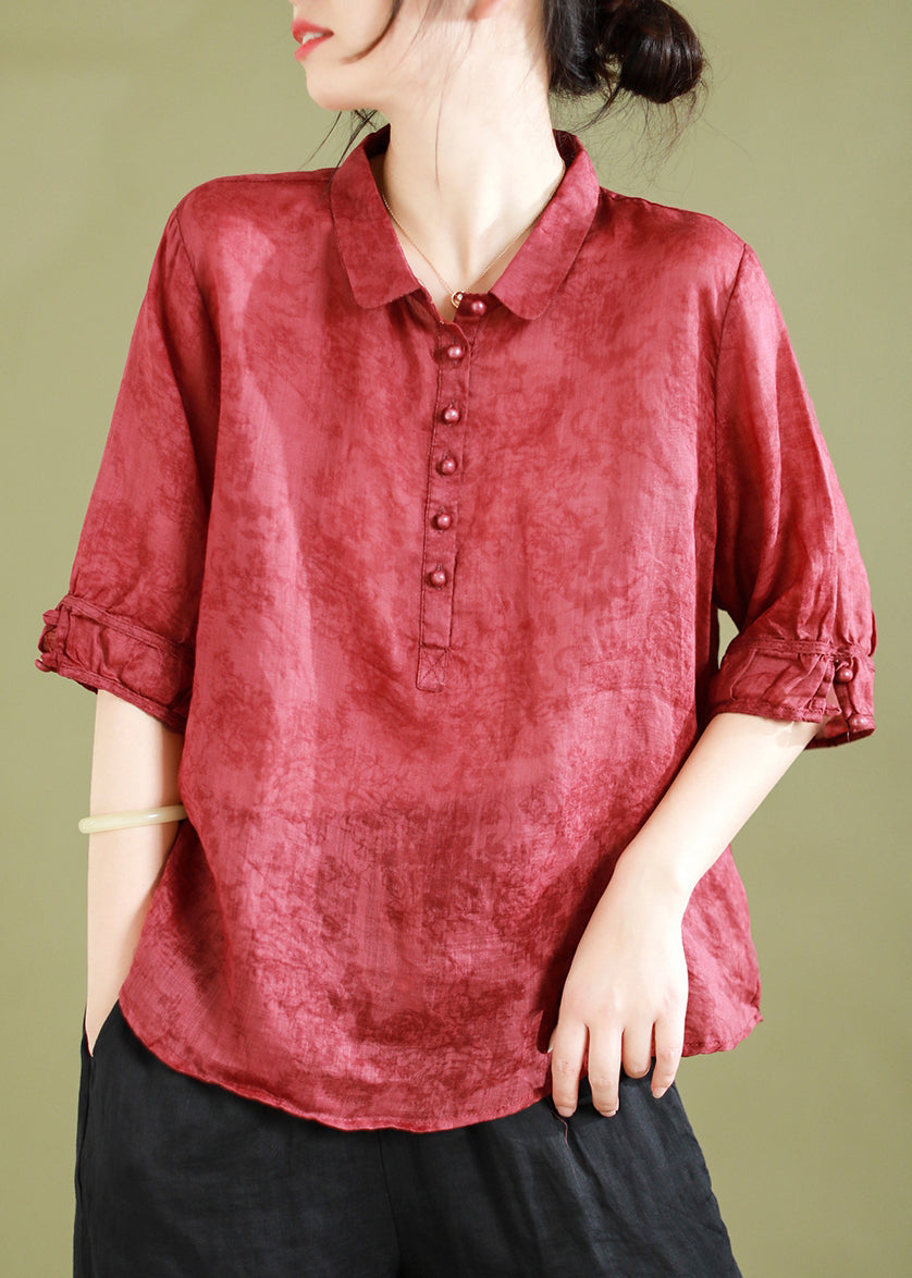 Red Peter Pan Collar Patchwork Button Linen Shirts Half Sleeve