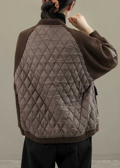 Coffee O-neck Plaid Patchwork Button Down Jackets Winter