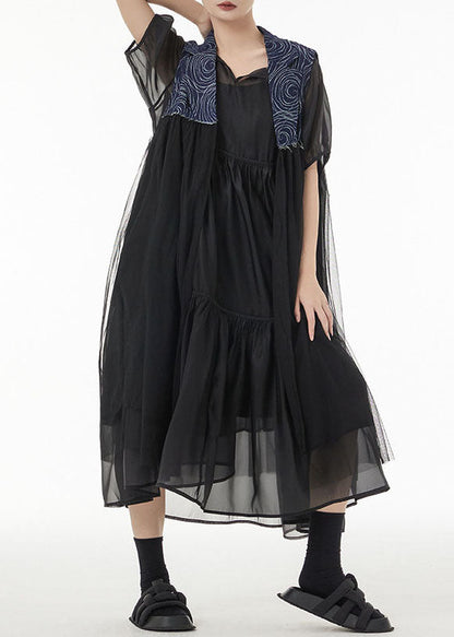 Blue Oversized Denim Patchwork Chiffon Cardigans Sleeveless