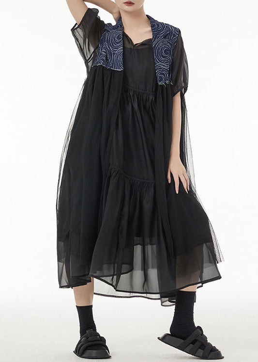 Blue Oversized Denim Patchwork Chiffon Cardigans Sleeveless
