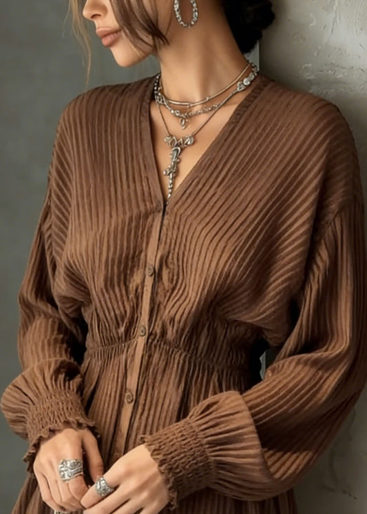 Unique Brown V Neck Button Wrinkled Cotton Shirt Spring