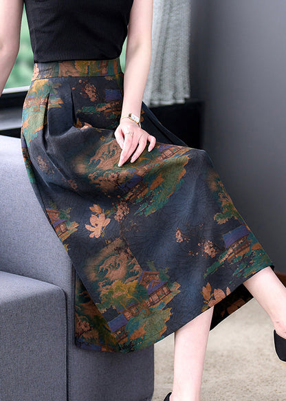 Retro Print Silk Draping a Line Skirt