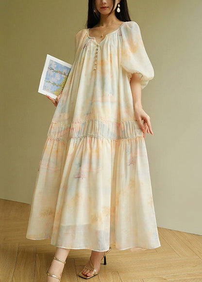 Wrinkled Print Tie Waist Cotton Long Dress Summer
