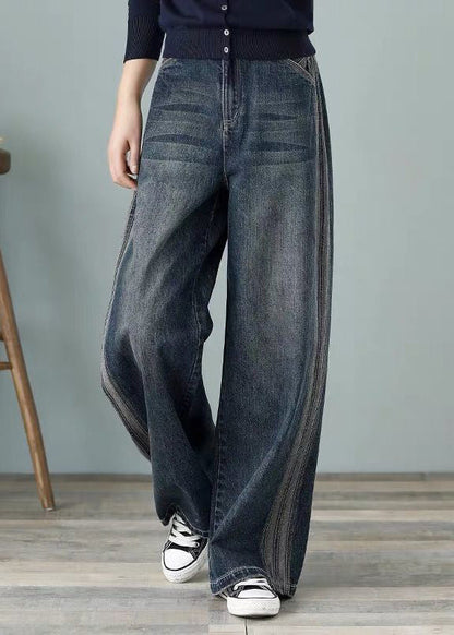 Loose Denim Blue High Waist Pockets Cotton Wide Leg Pants for Spring