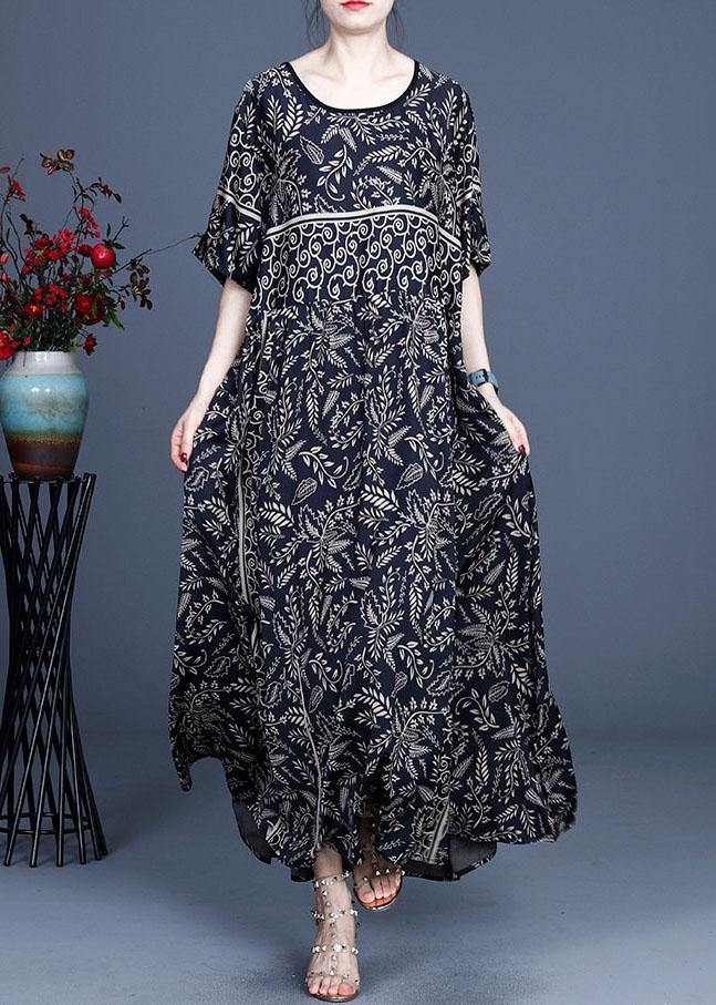 Black O-neck Summer Silk Blended Maxi Dresses
