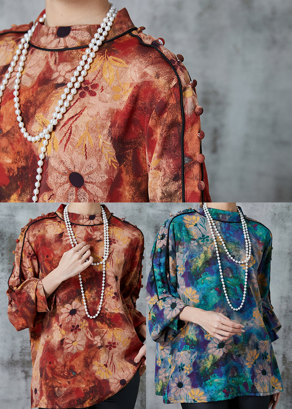 Orange Stand Collar Print Chiffon Blouses Spring
