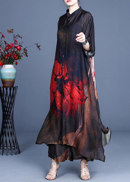 Summer Large Red Print Coat + Wide Leg Pants Two Piece Set