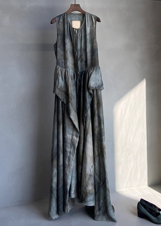 French Grey Lace Up Patchwork Linen Dress Sleeveless Summer