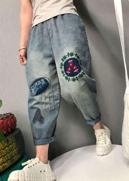 Blue Embroideried Denim Pants Spring