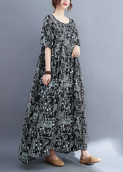 Baggy Black Wrinkled Patchwork Print Exra Large Hem Cotton Long Dress Short Sleeve