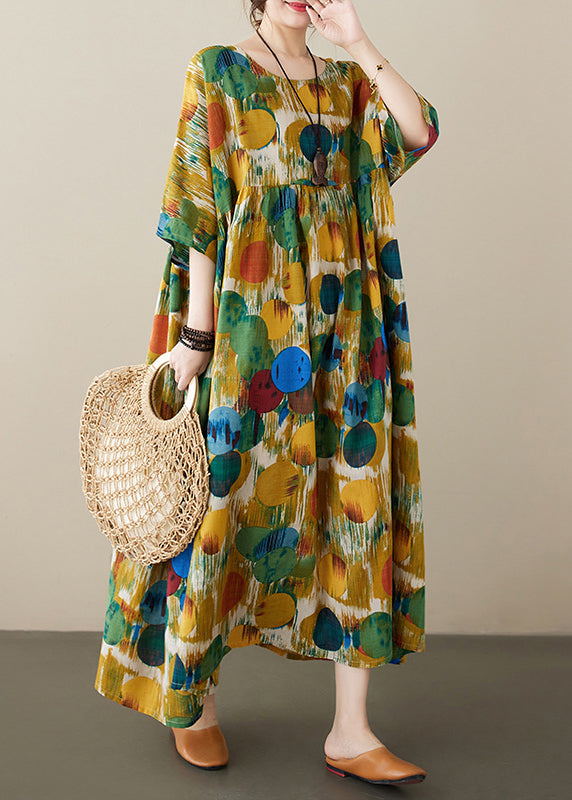 Red O-nec Print Wrinkled Maxi Dresses Half Sleeve