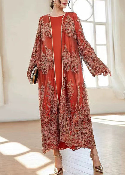 French Orange Embroidered Tulle Two Piece Suit Spring