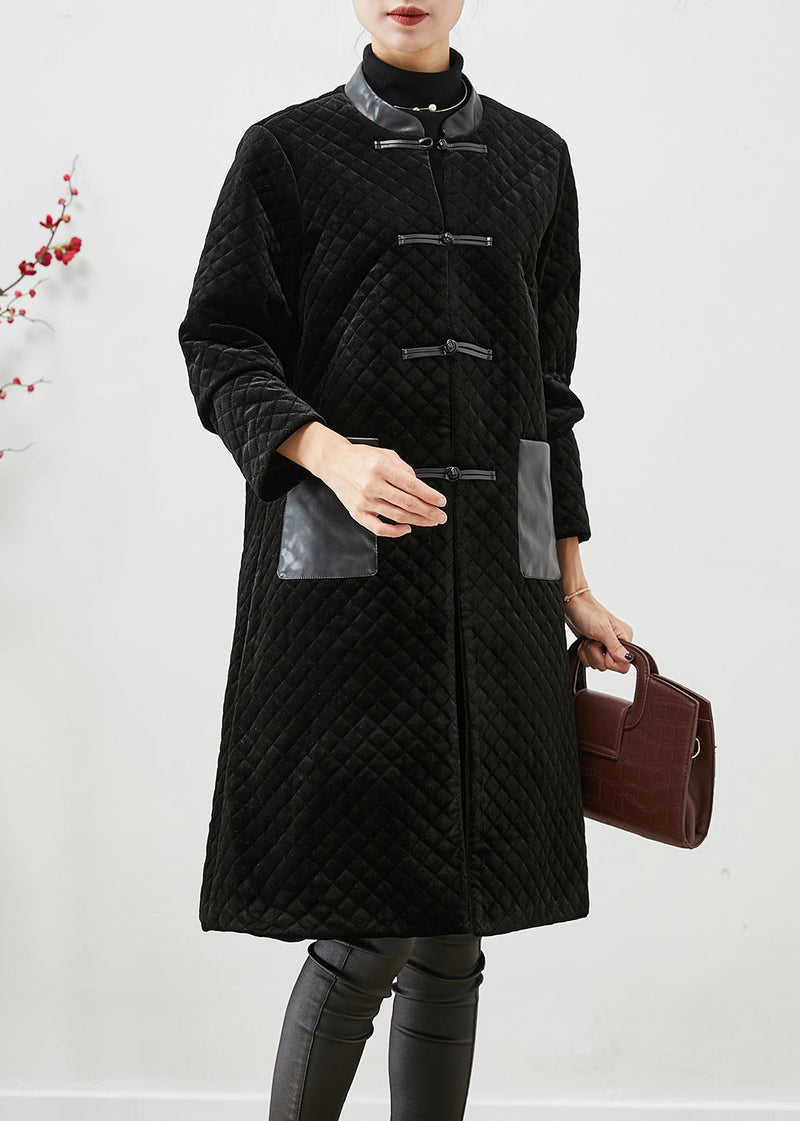Black Patchwork Pockets Silk Velour Fine Cotton Filled Coats Winter