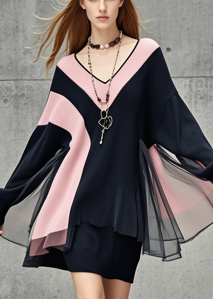 Black V Neck Patchwork Tulle Sweater Dress Fall