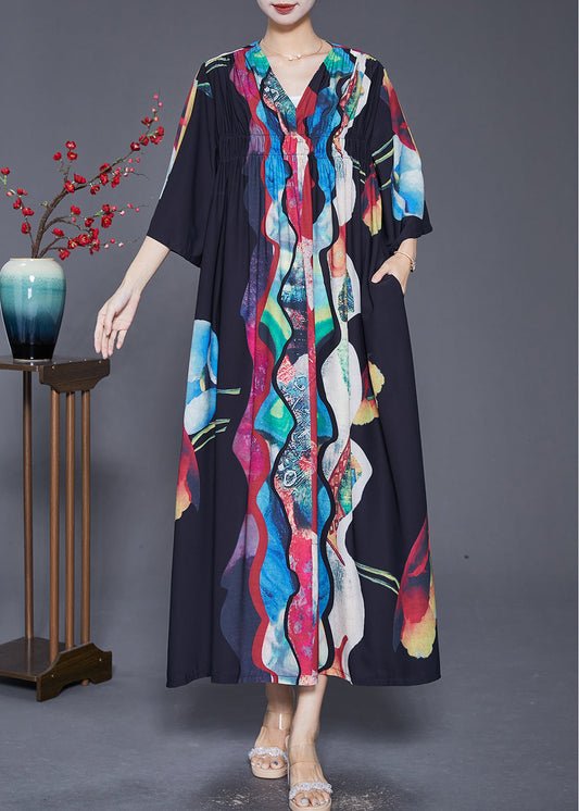 Black Oversized Wrinkled Print Chiffon Long Dress Summer