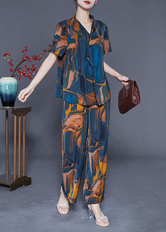 Navy V Neck Asymmetrical Print Silk Two Pieces Set Summer