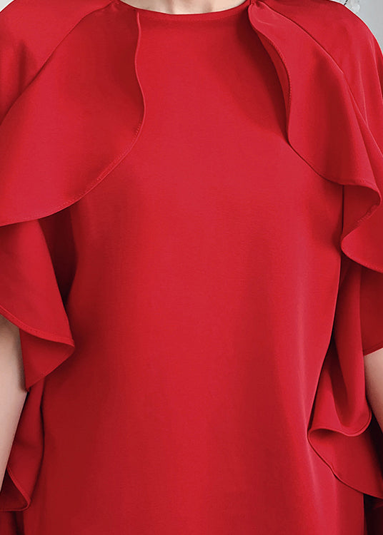 Red O-neck Ruffled Patchwork Cotton Mid Dresses Summer