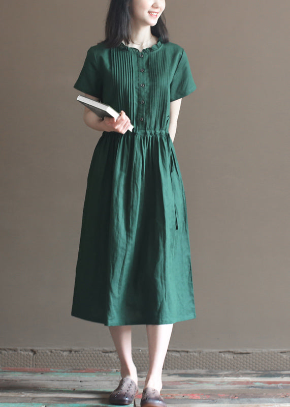 Blackish Green Ruffled Wrinkled Drawstring Cotton Dress Short Sleeve