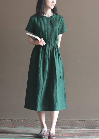Blackish Green Ruffled Wrinkled Drawstring Cotton Dress Short Sleeve