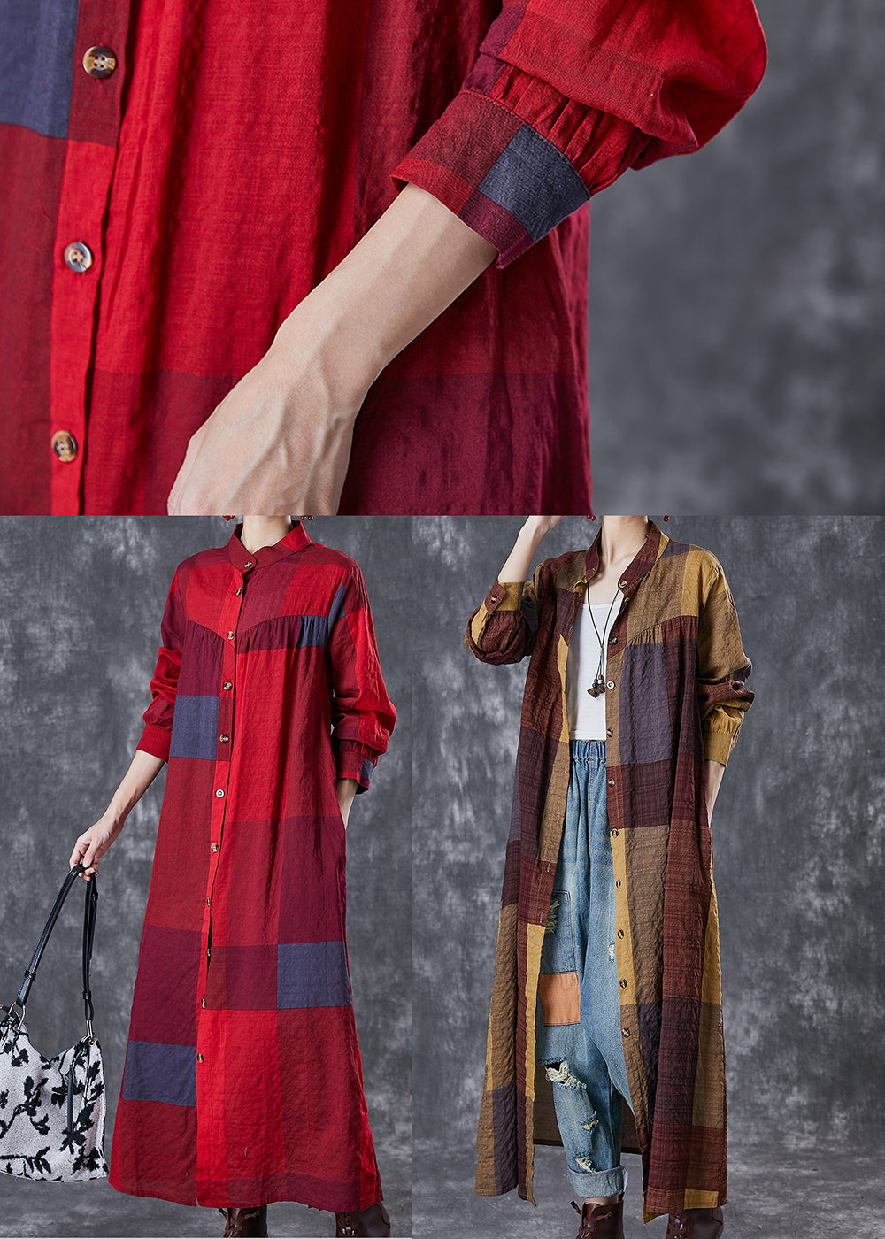 Red Stand Collar Print Linen Long Dresses Fall