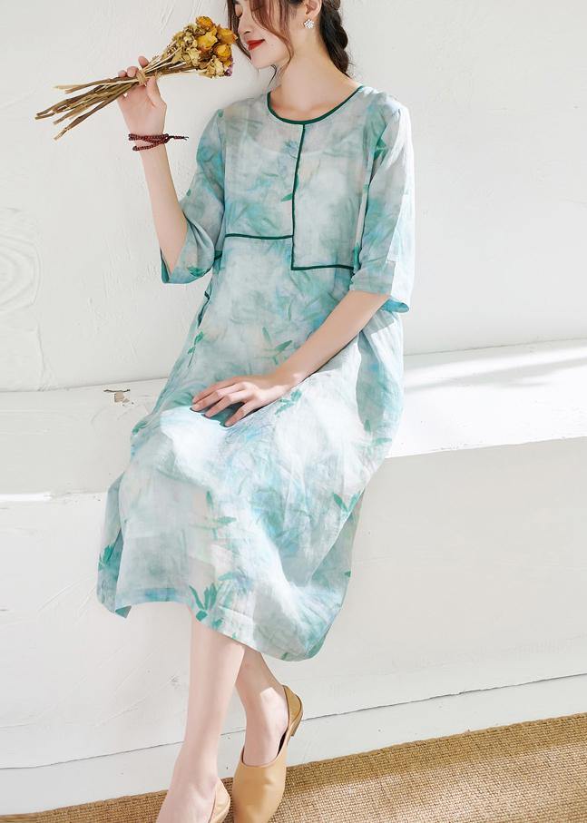 Light Green Patchwork Print Summer Ramie Dresses Half Sleeve