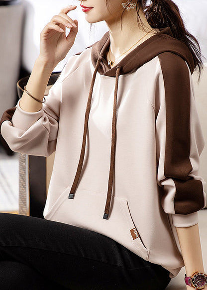 Apricot Hooded Pockets Patchwork Cotton Sweatshirt Fall
