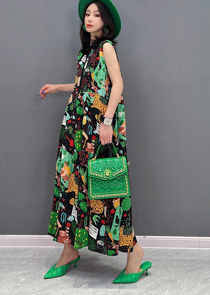 O-neck Print Button Pockets Long Dress Sleeveless