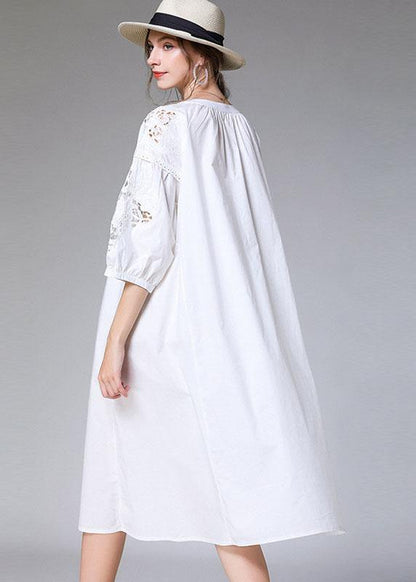 White Loose O-neck a Line Spring Maxi Dress Three Quarter Sleeve