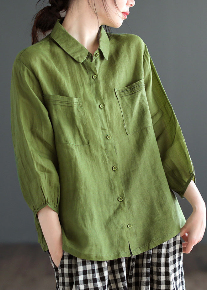 Loose Purple Peter Pan Collar Patchwork Button Ramie Shirt Long Sleeve