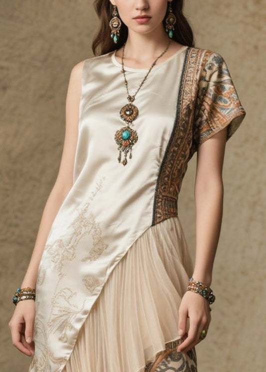 Beige Asymmetrical Patchwork Print Silk Robe Dresses Summer