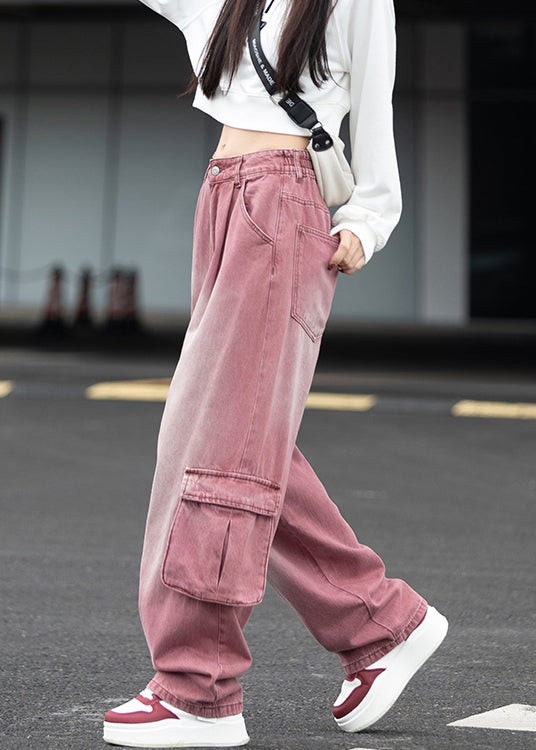 Pockets Patchwork Denim Wide Leg Pants Fall