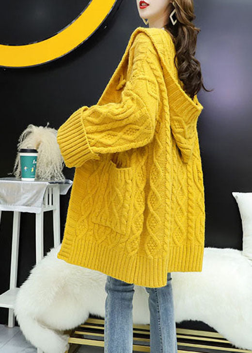 Yellow Hooded Pockets Loose Fall Knit Sweater Coat