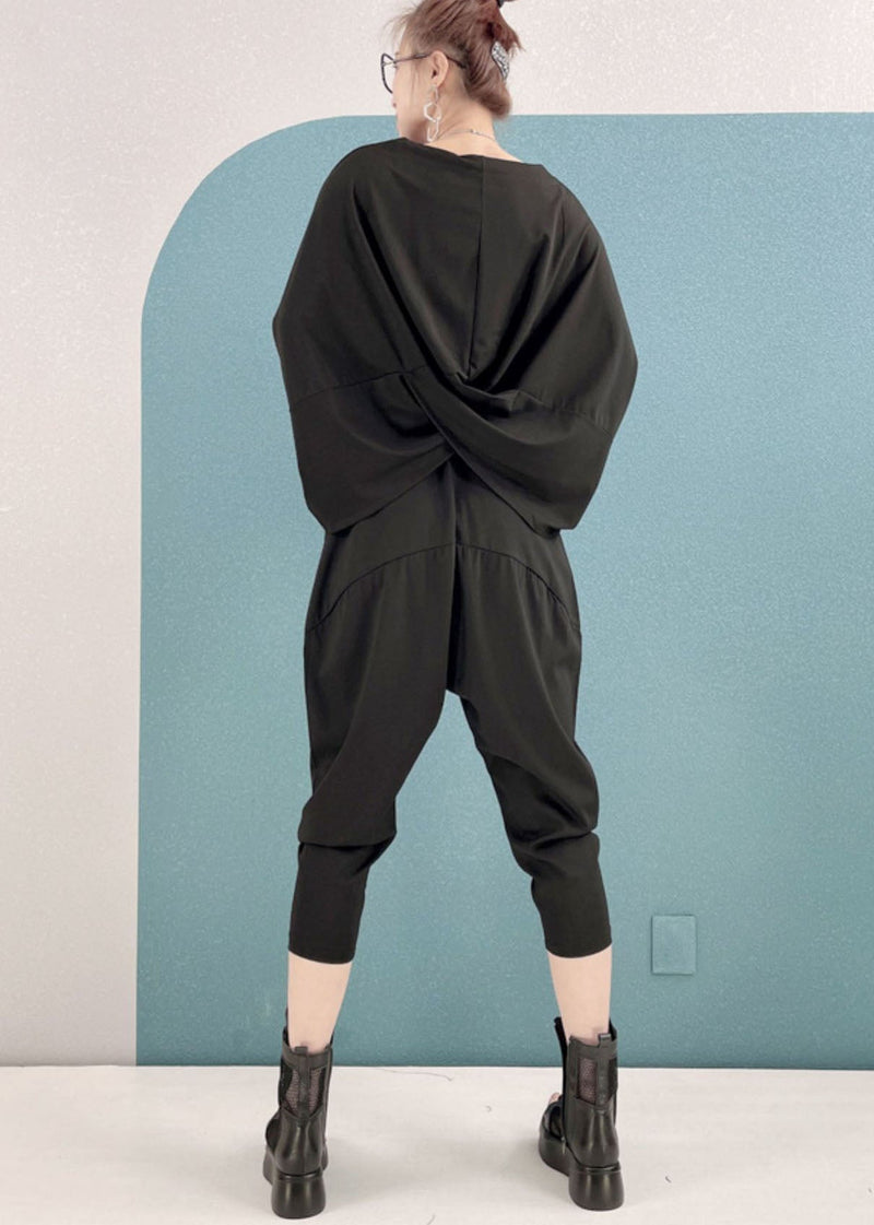 Style Black O-neck Asymmetrical Cotton Tops and Harem Pants Two Pieces Set Short Sleeve