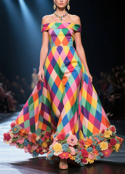 Polychrome Plaid Three-dimensional Flower Silk Strapless Dress Summer