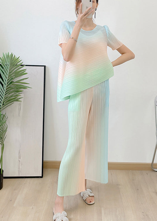 Loose Green O-neck Striped Top and Pants Silk Two Piece Set Summer
