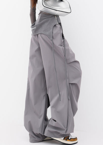 Grey Pockets Wrinkled Cotton Wide Leg Pants Fall