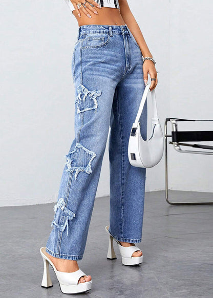 Loose Blue High Waist Patchwork Denim Pants Summer