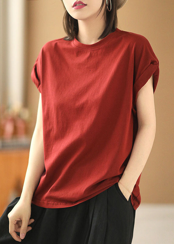 Style Red O-neck Color Cotton Loose Tank Tops Short Sleeve
