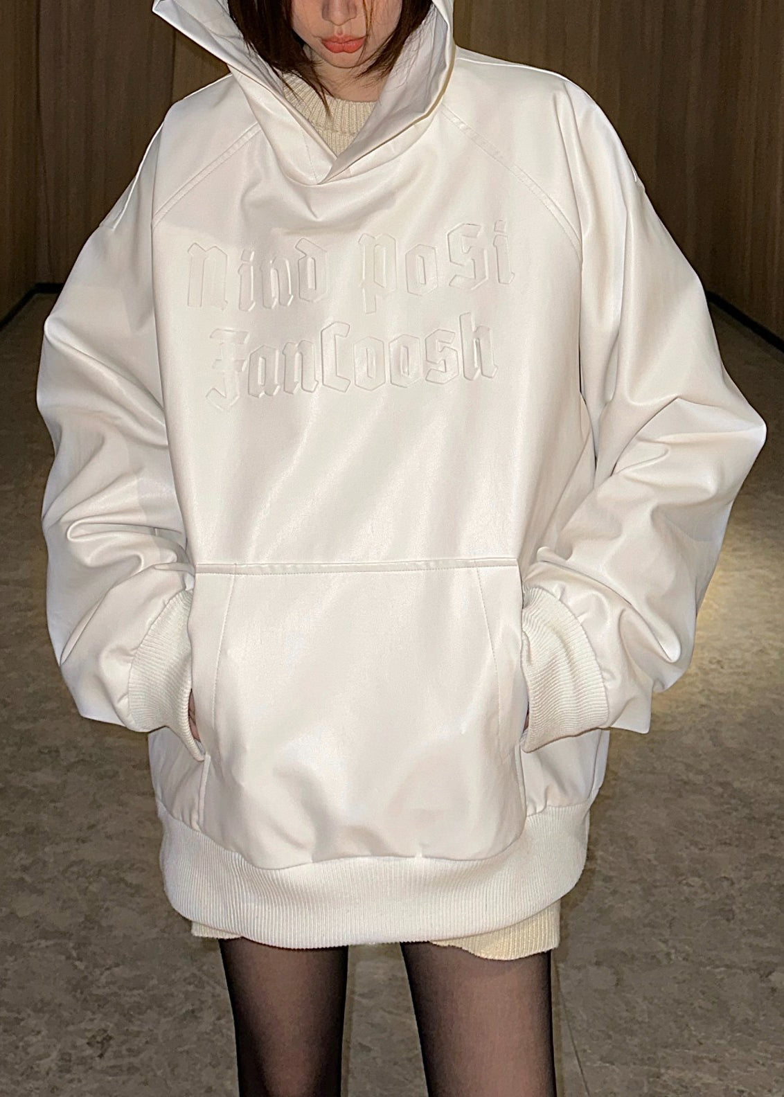 Black Hooded Pockets Faux Leather Neutral Sweatshirt Long Sleeve