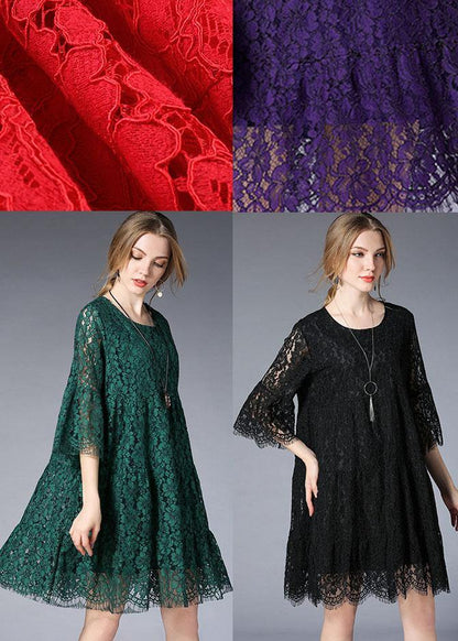 Green O-neck Lace Spring Vacation Dress Half Sleeve