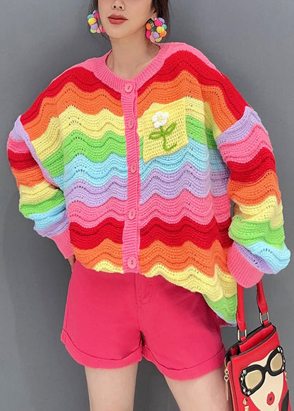 Rainbow Button Hollow Out Patchwork Knit Top Fall