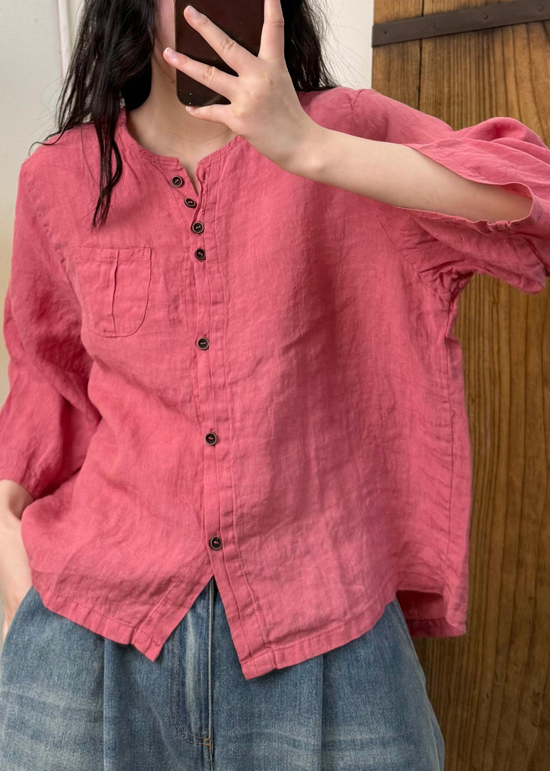 Linen Color O Neck Button Cotton Blouses Fall