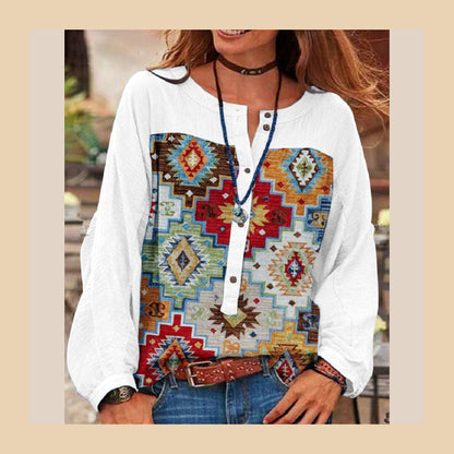 Blue O-neck Button Print Top Long Sleeve