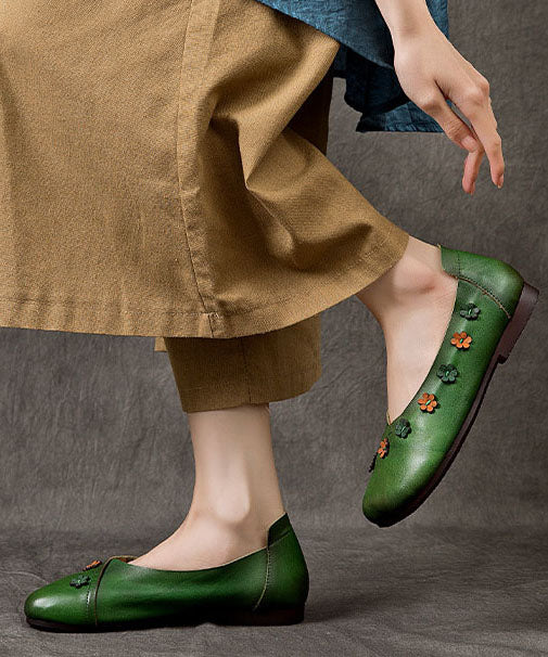 Splicing Flats Green Cowhide Leather