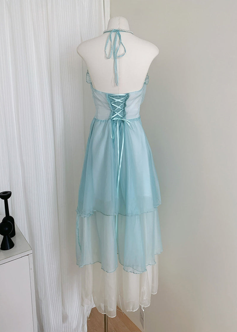 Blue V Neck Ruffled Lace Up Chiffon Long Dresses Sleeveless