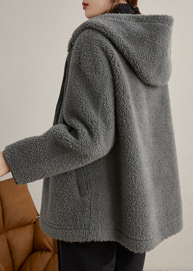 Grey Hooded Pockets Patchwork Woolen Coats Winter