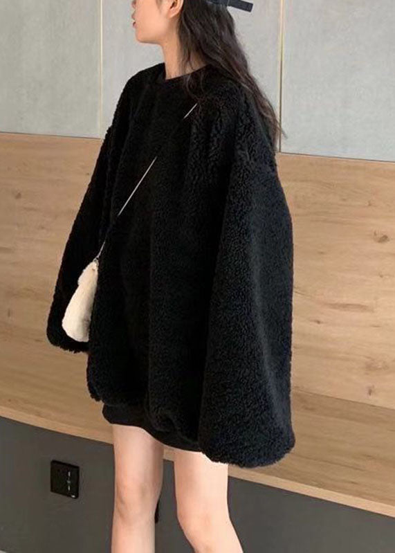 Loose Orange O-neck Thick Teddy Faux Fur Pullover Long Sleeve