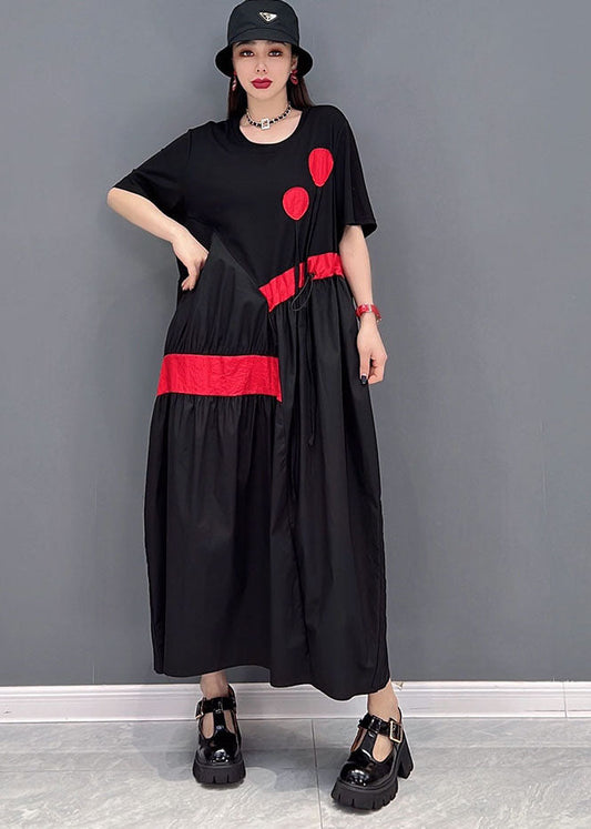 Stylish Black Drawstring Asymmetrical Patchwork Cotton Pleated Dresses Short Sleeve