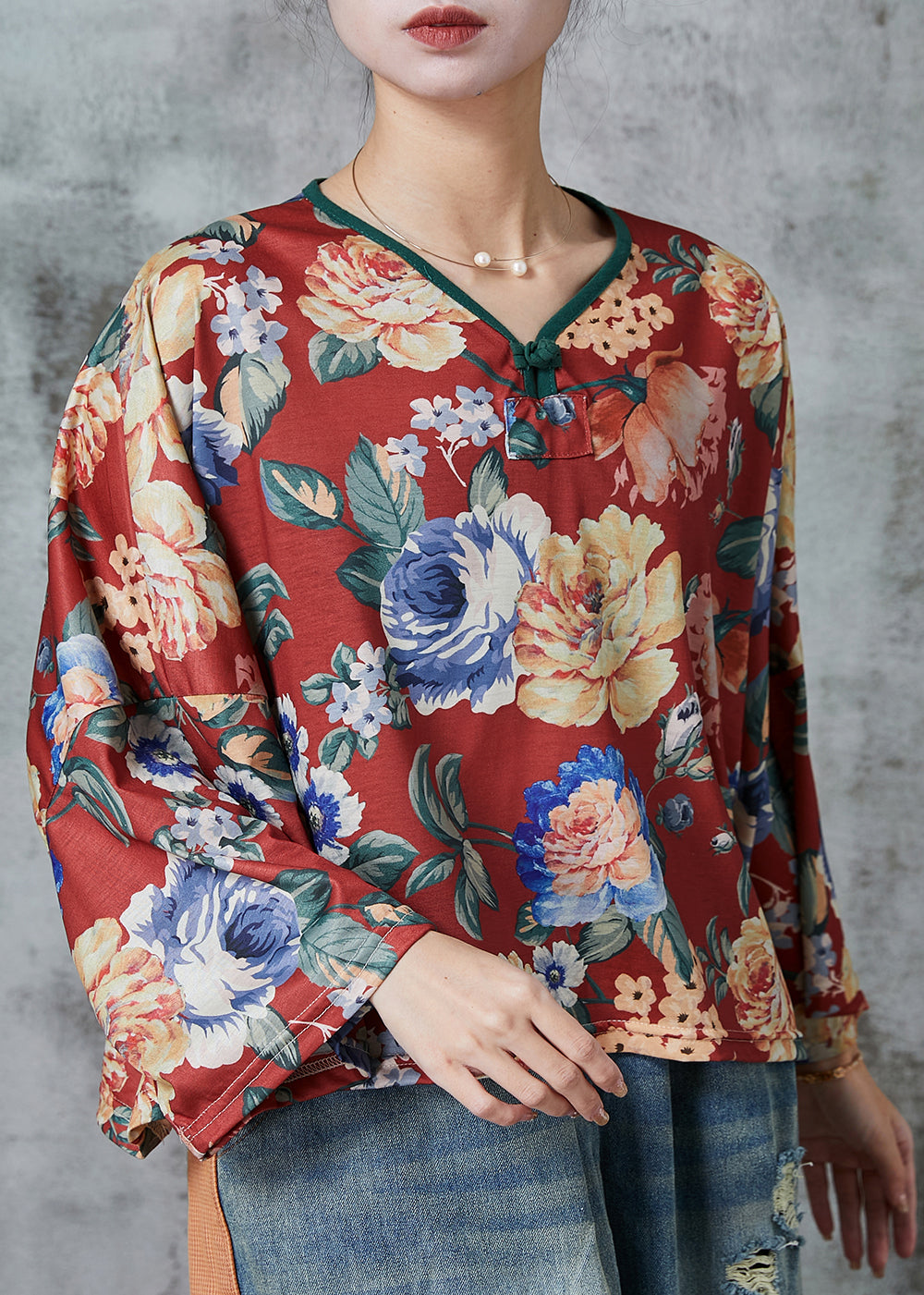 Red Oversized Print Linen Blouses Spring